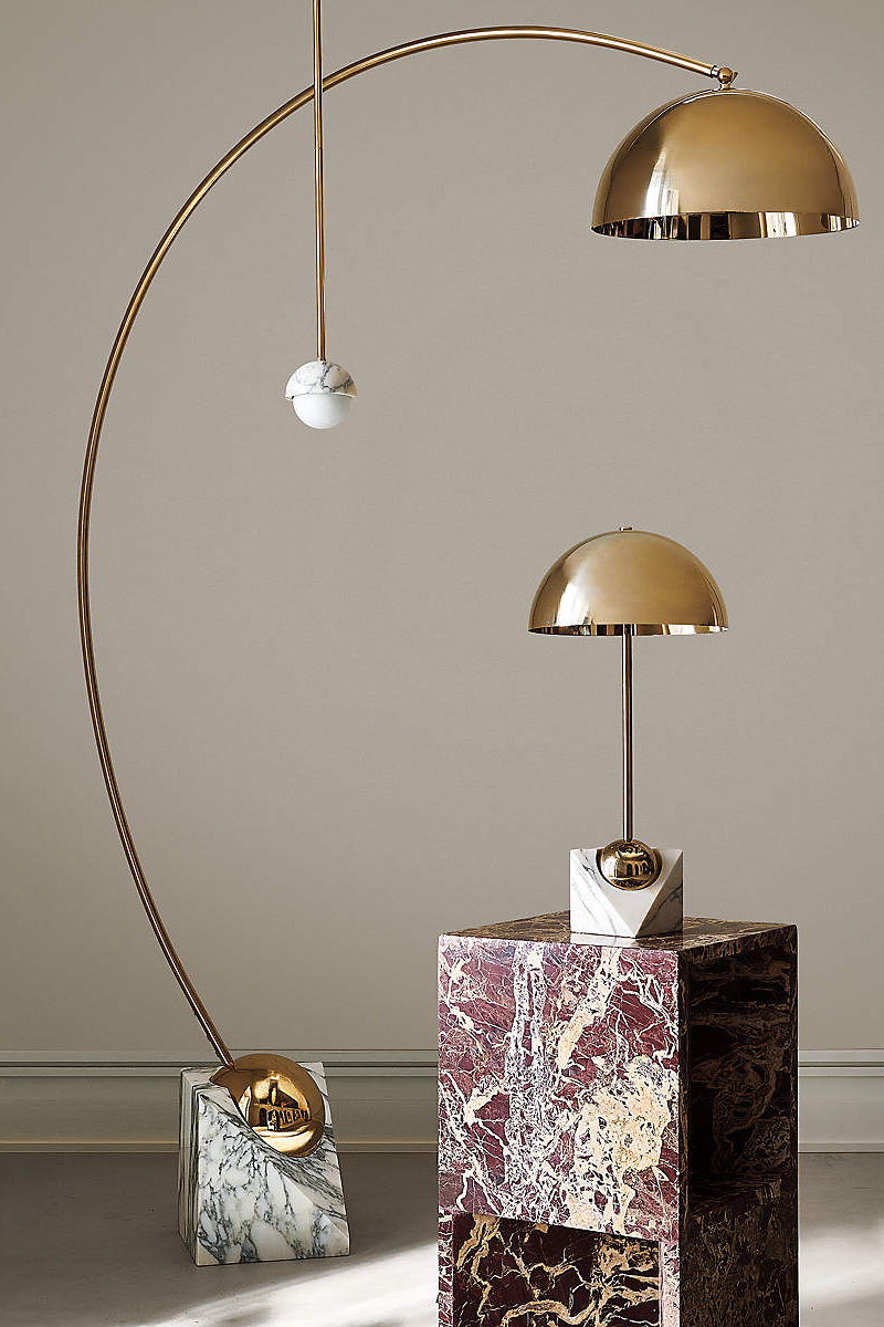Brass, marble based in the middle of the century inspired lamp duo