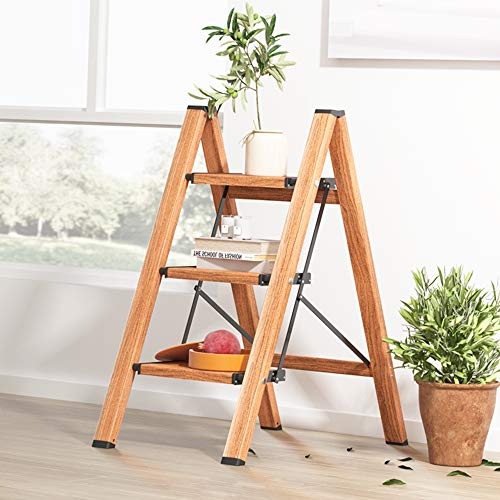 Soladder 3 step manager, folding step -up stool with slide -up office, wide pedal, multi -purpose for use at home and in the kitchen, space -saving Woodgrain (capacity of £ 300)