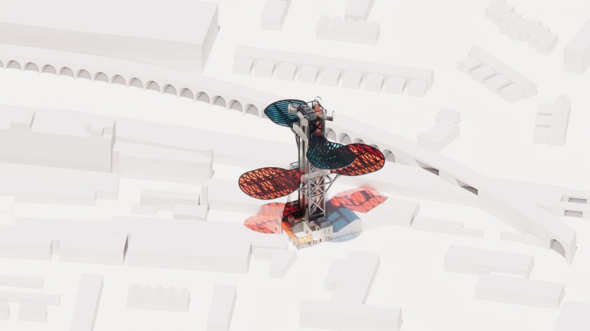 A picture of a building in red and blue tones against a white backdrop