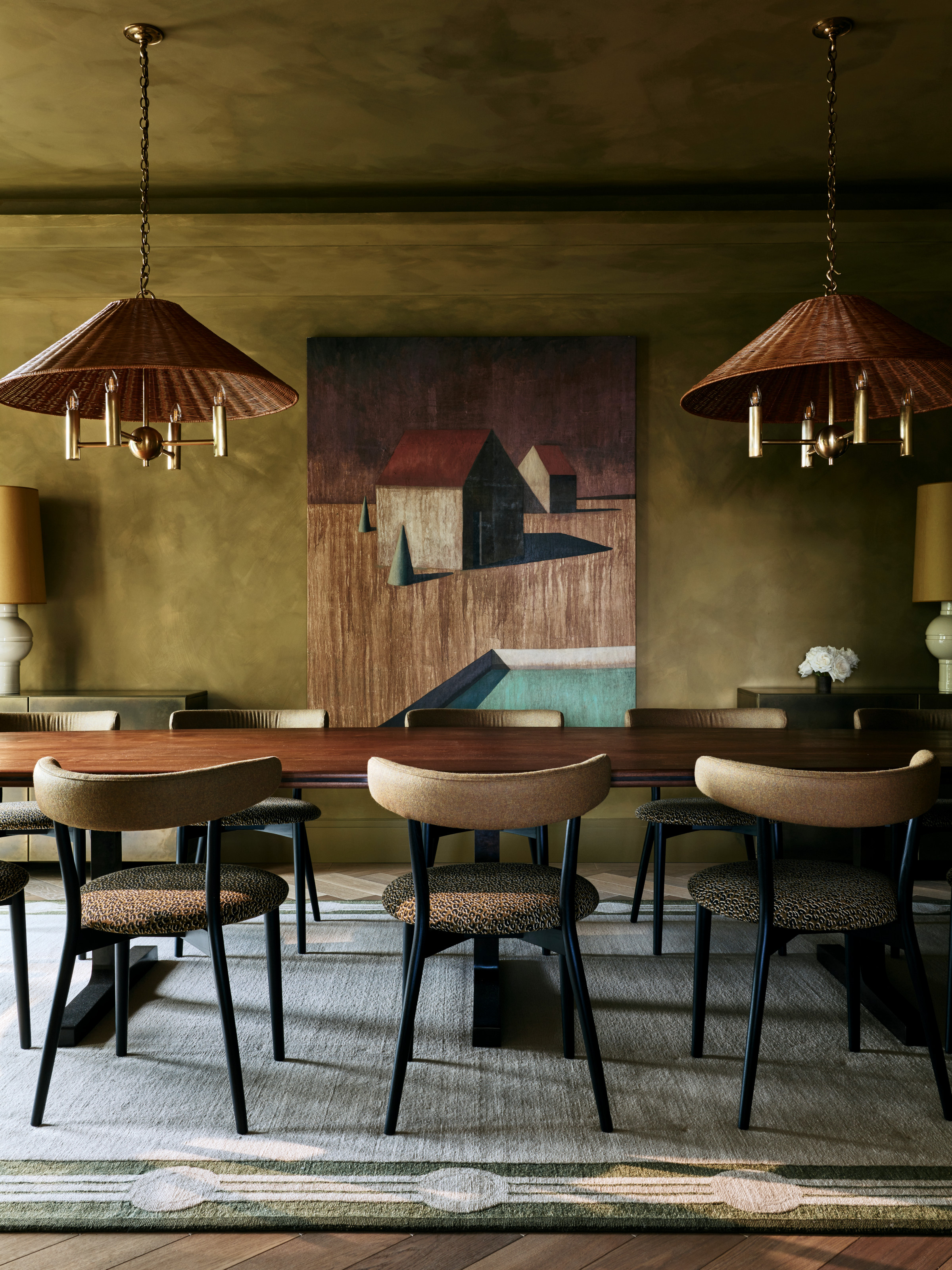 Dining room with deep khakigrun walls