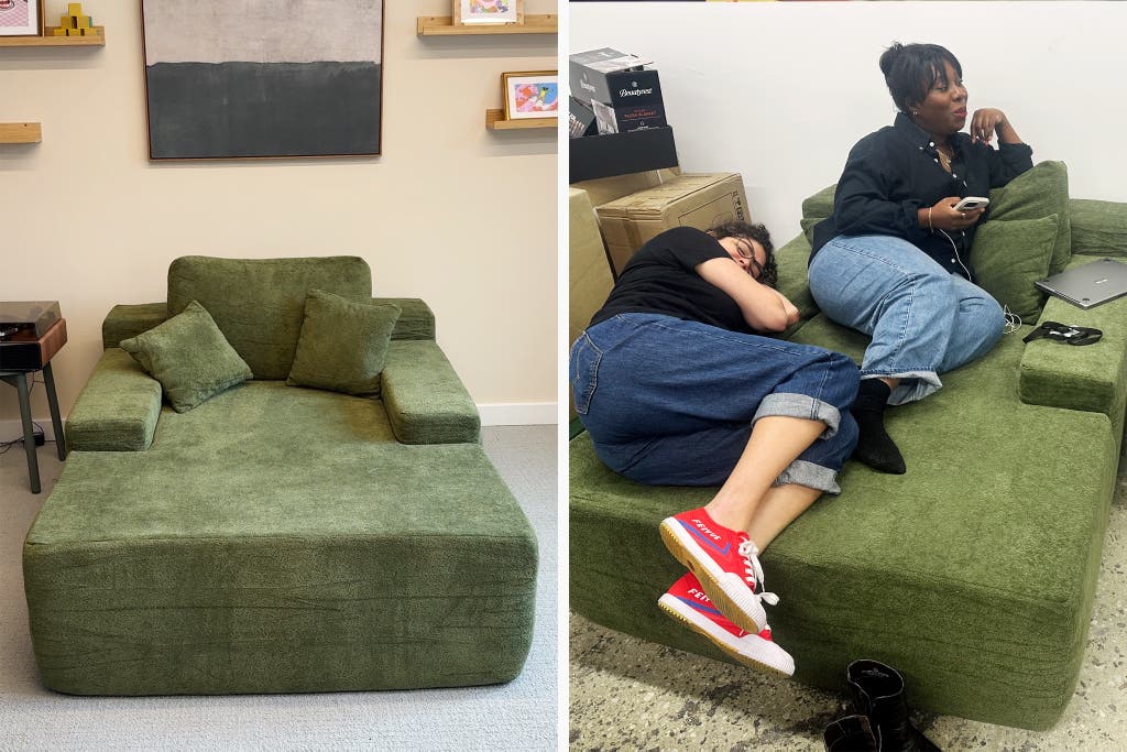 A diptych: a frontal view of the Ovios chaise in green (left) and two people who laze about on the green chaise (right).