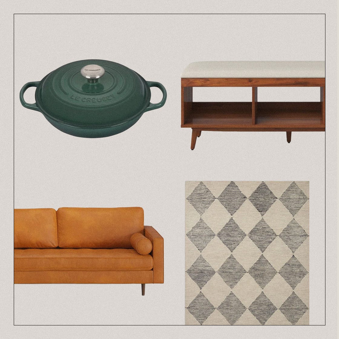 Wayfair Spring Sale Editor Picks 2025 Le Creuset sauté pan, a leather couch, a storage center and a rug