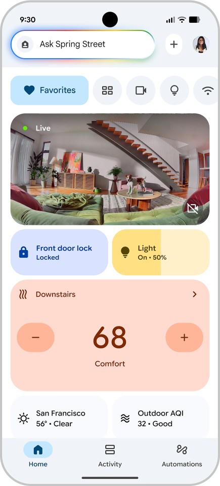 A mobile phone that the Google start screen with a live view of a living room with a dog, controls for the front door and light, thermostat on the ground floor on 68 comfort, San Francisco weather at 56 degrees and clear thermostat and an AQI outdoors of 32 Goods with 68 comfort, San Francisco weather.