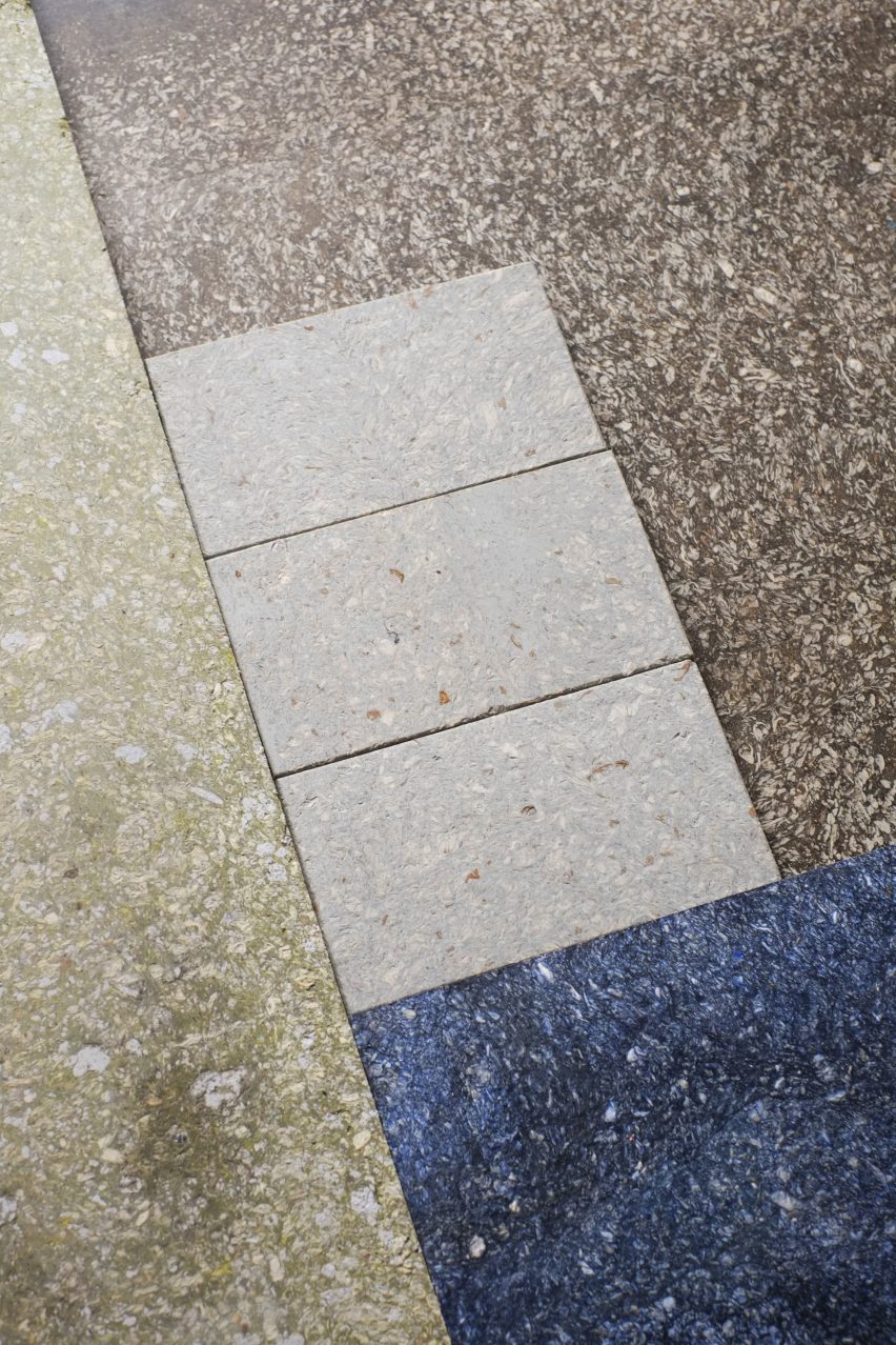 Cupsan material samples in different color that show a terrazzo-like texture