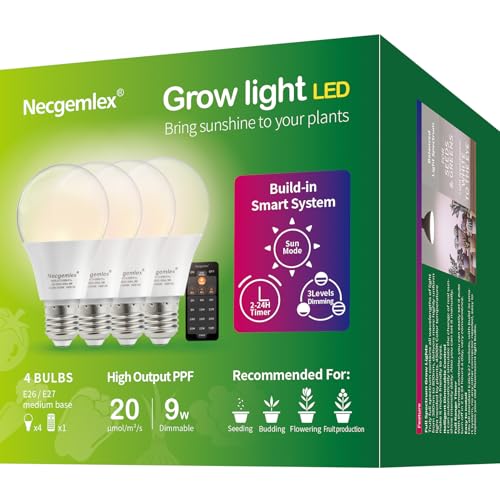 Necgemlex Smart LED Grow Lights with Remote Control Sun Simulation Mode Built-in Auto Timer A21/A70 E26/E27 9W Dimmable Full Spectrum Smart Plant Grow Lamps for Indoor Plants 4 Pack