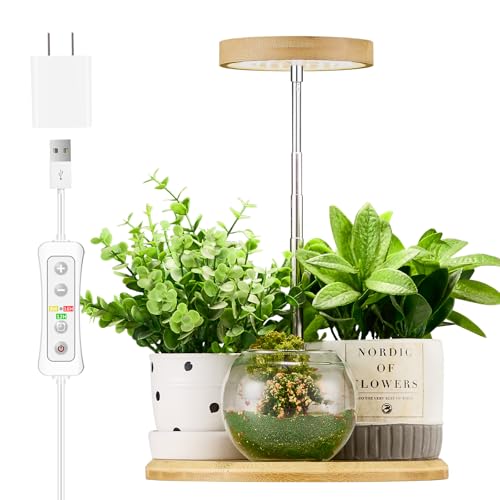 Plant Grow Light for Indoor Plants, Bamboo Mini LED Grow Light for Garden, Height Adjustable, Automatic Timer with 8/12/16 Hours