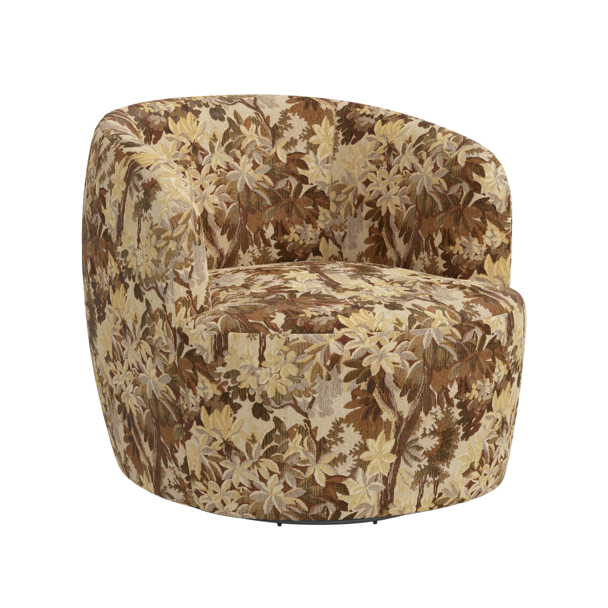 a chair with a floral accent in shades of brown, brown and yellow