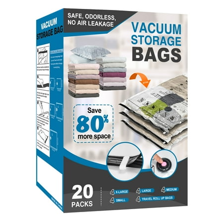 A box with vacuum bags on the front. Blue and black logo on the box. 