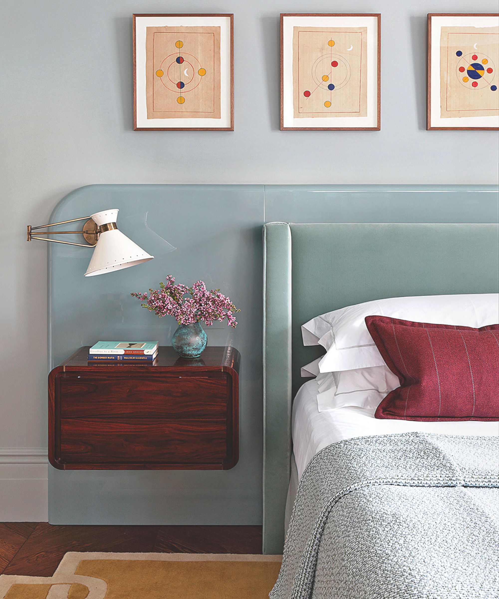 Bedroom with a blue bed holder