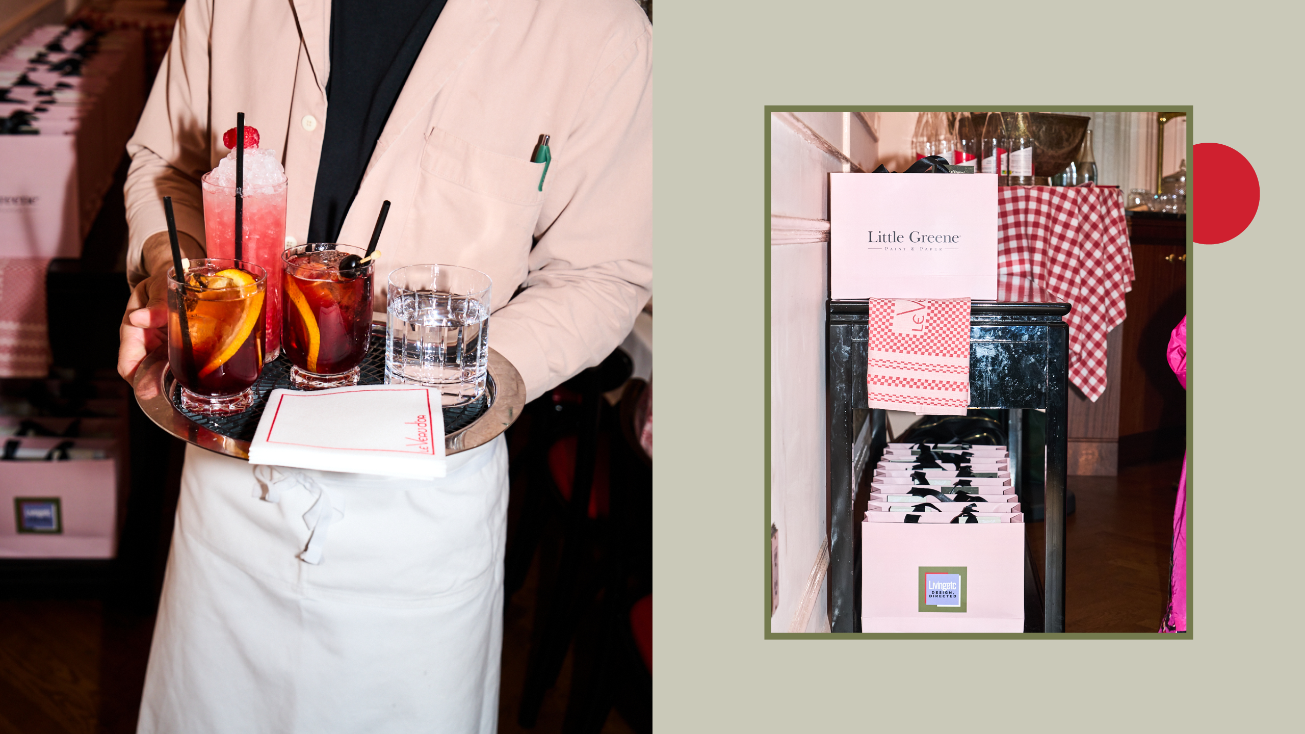A composite of two pictures, one with a waiter who holds drinks and the other with a stack of gift bags