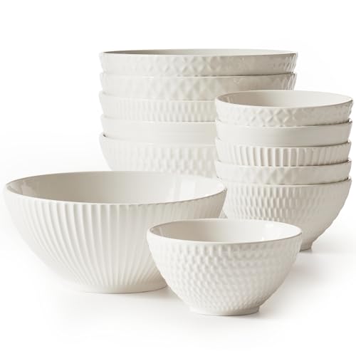 Maison Neuve, the Gianna Collection, Set of 12 White Ceramic Bowls - 6 White Soup Bowls (24 oz) and 6 Dip Bowls (9 oz) - Dinner Bowls for Eating Salad, Desserts, Serving Dips and Dips. Sauces - gift set