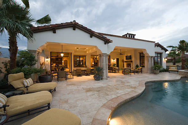 Exterior of luxurious California home with pool and elegant Mediterranean-style architecture