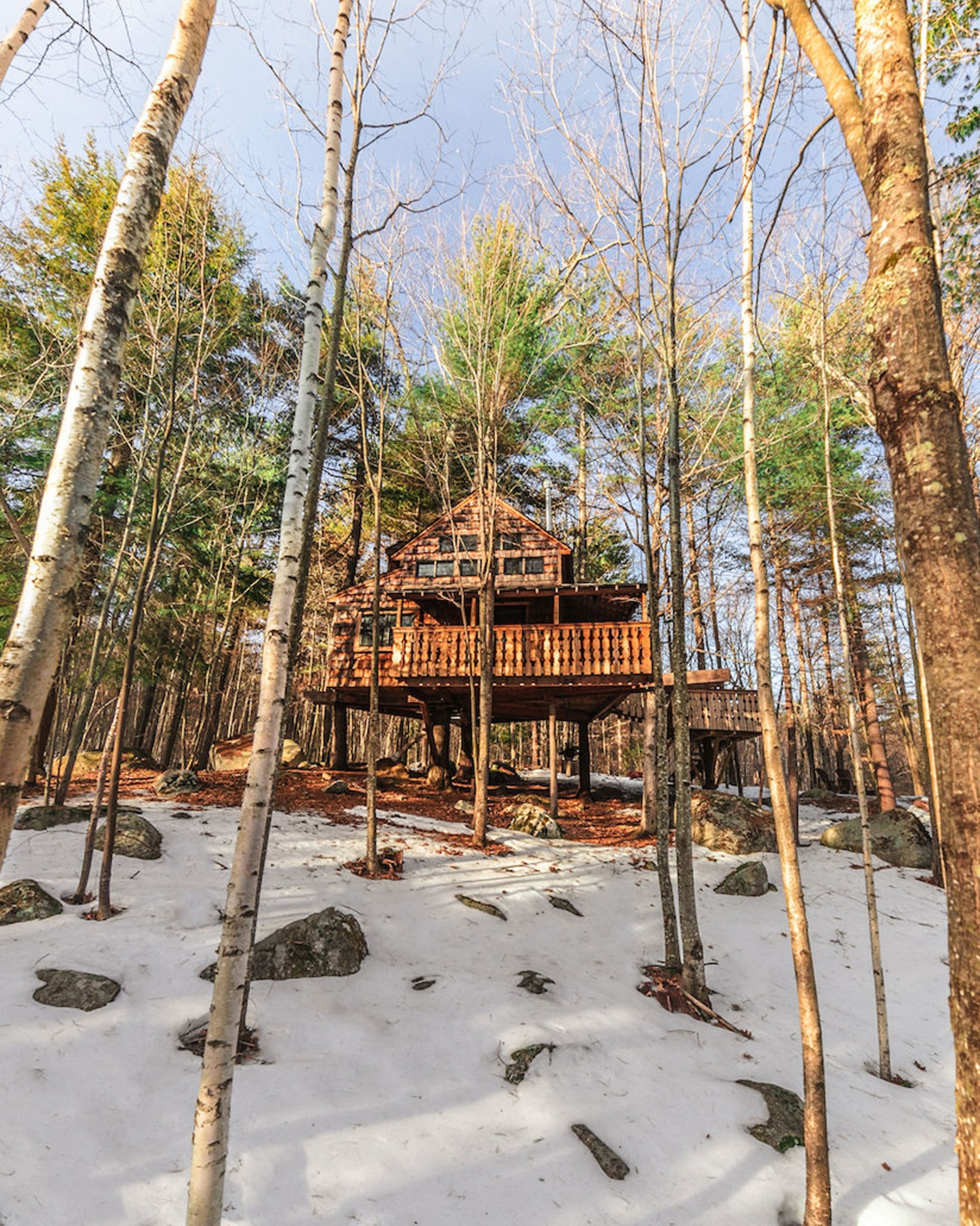 A large wooden hut hanging in the trees in a forest with light snow on the ground.