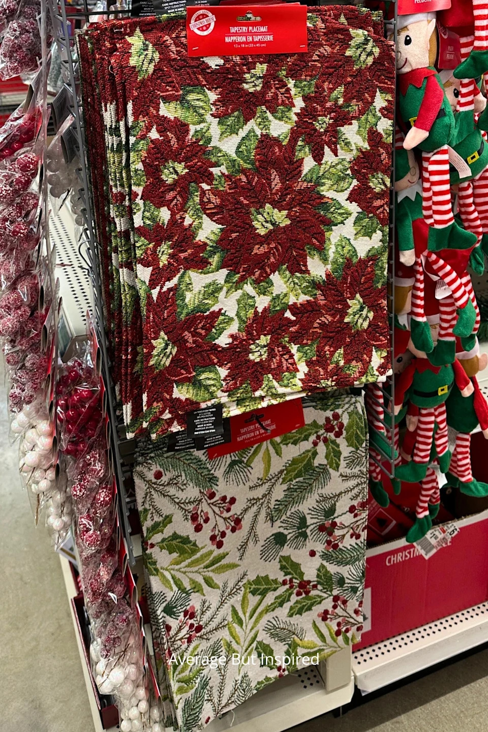 Tapestry placemats from Dollar Tree are a beautiful addition to the holiday table.