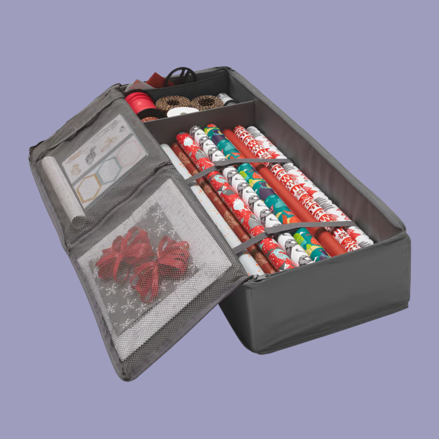 A gray storage box for wrapping paper