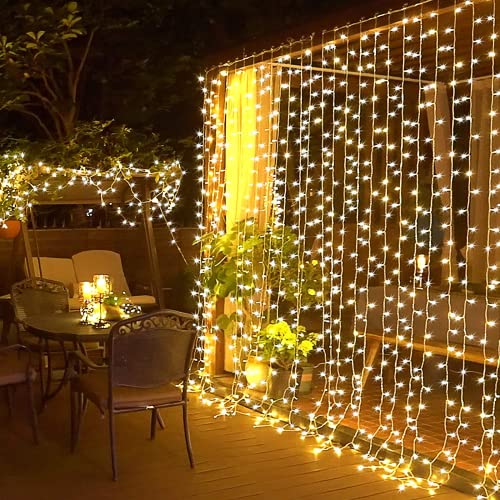 Jmexsuss 300 LED Christmas Curtain String Lights with Remote Control Plug-in Fairy Curtain Lights for Outdoor Window Wall Hanging Curtain String Lights for Bedroom Background Wedding Party Indoor Decoration Warm White